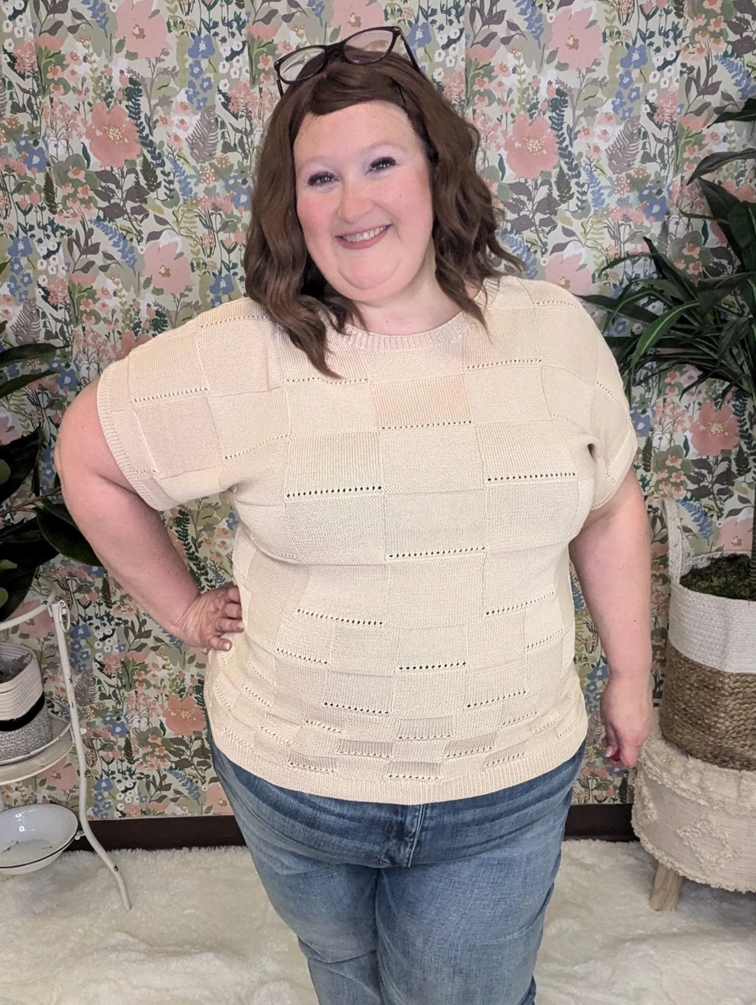 Barrett Textured Square Open Knit Short Sleeve Sweater in Beige