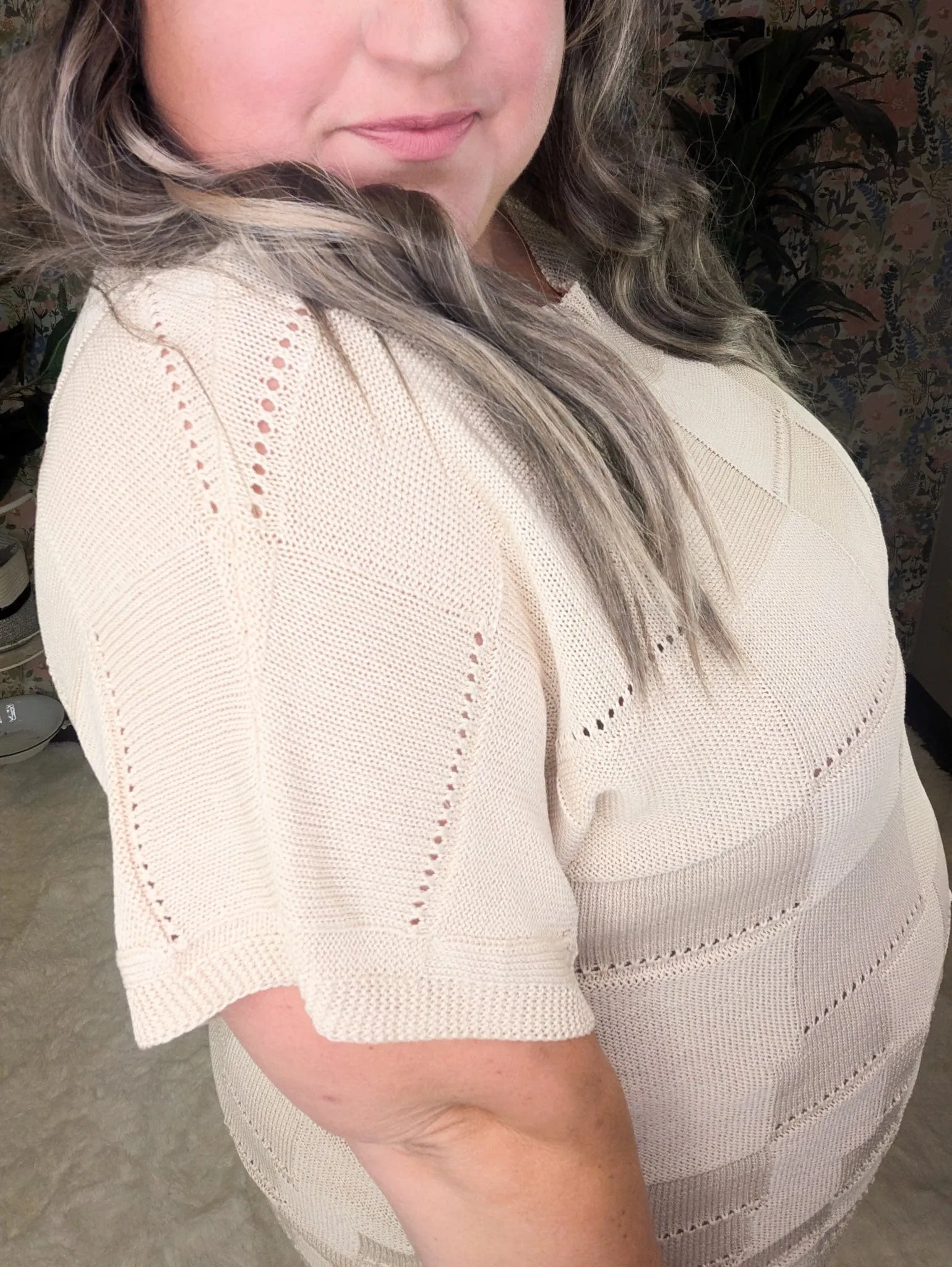 Barrett Textured Square Open Knit Short Sleeve Sweater in Beige