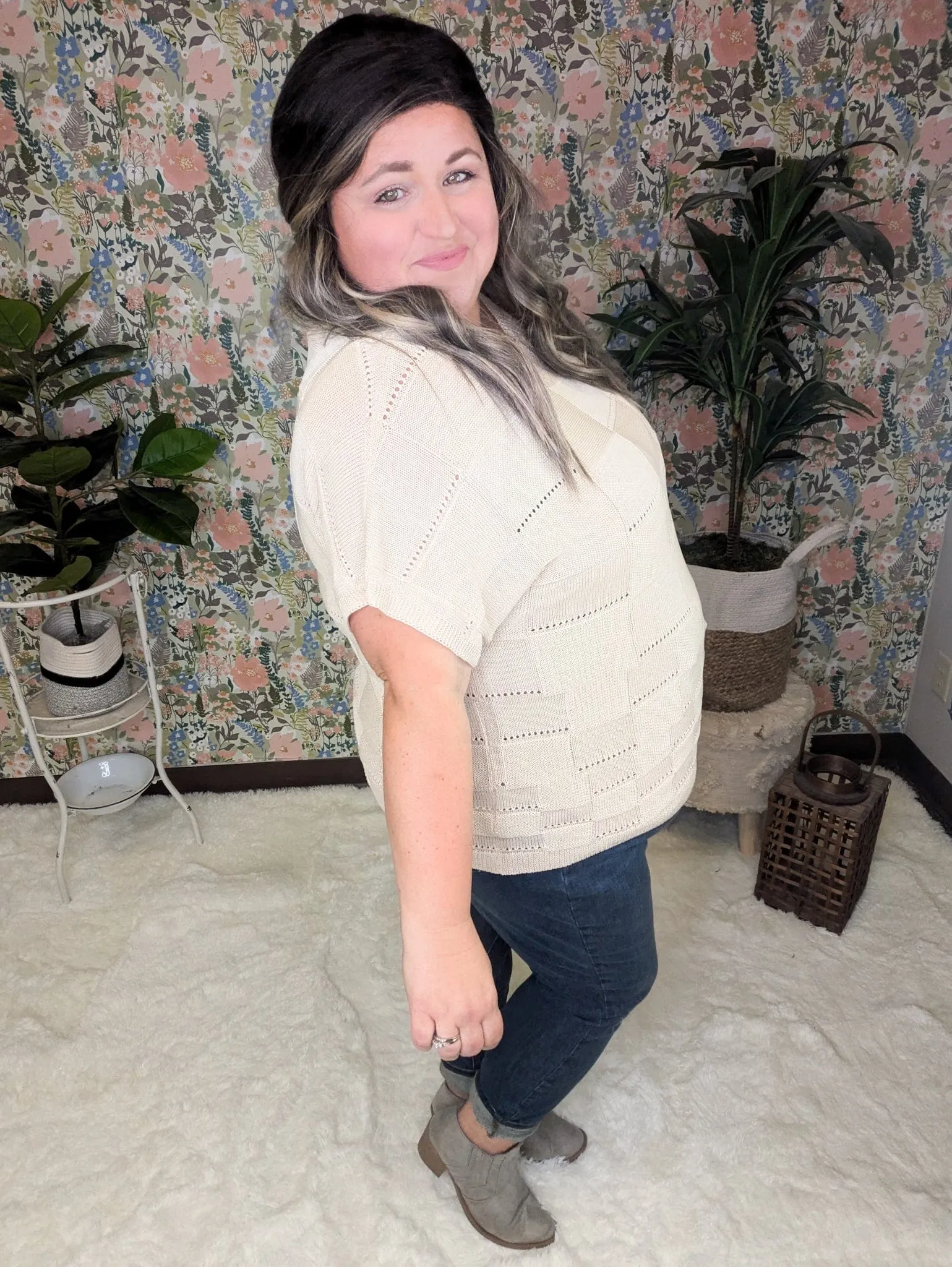 Barrett Textured Square Open Knit Short Sleeve Sweater in Beige