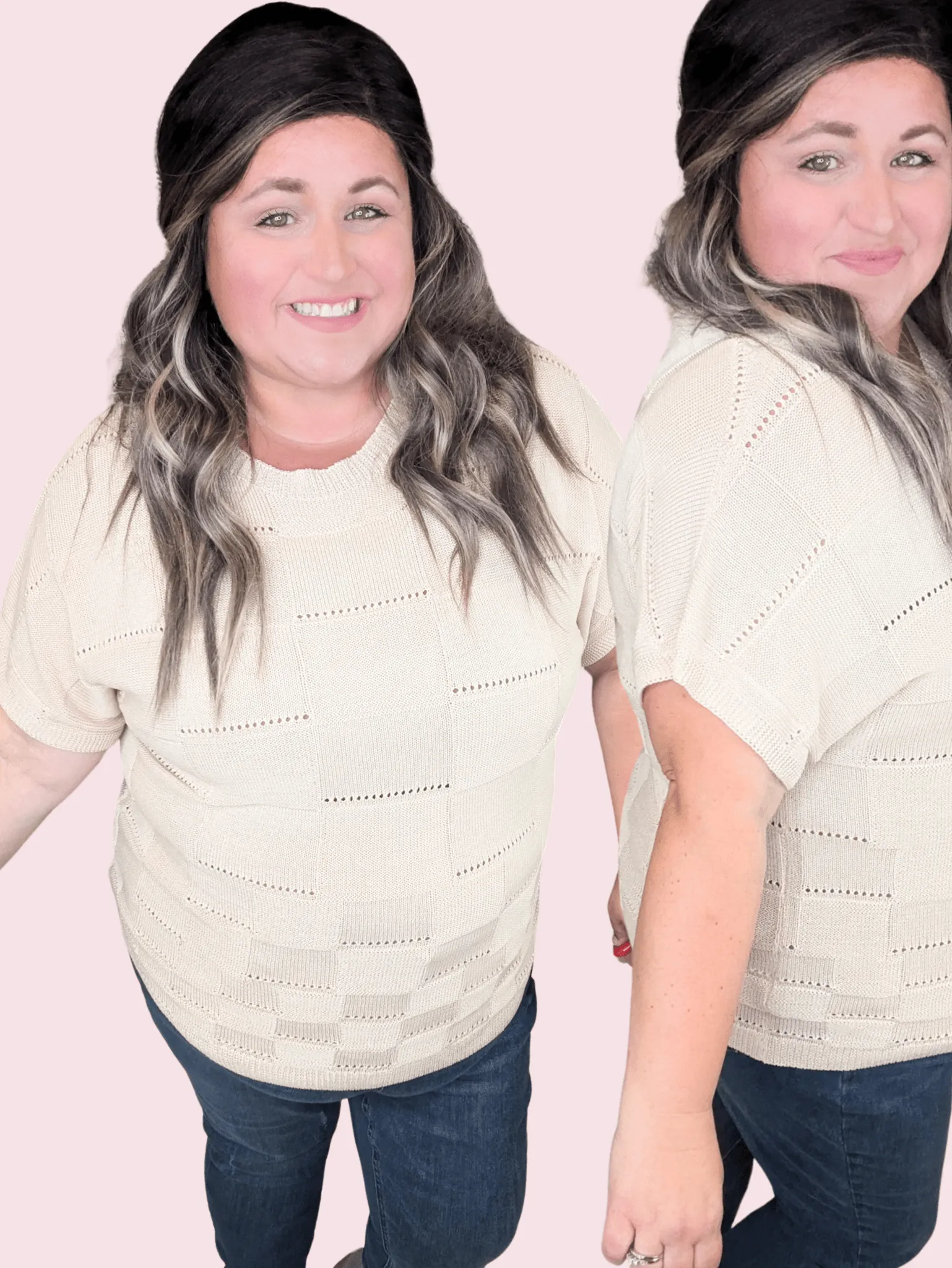 Barrett Textured Square Open Knit Short Sleeve Sweater in Beige