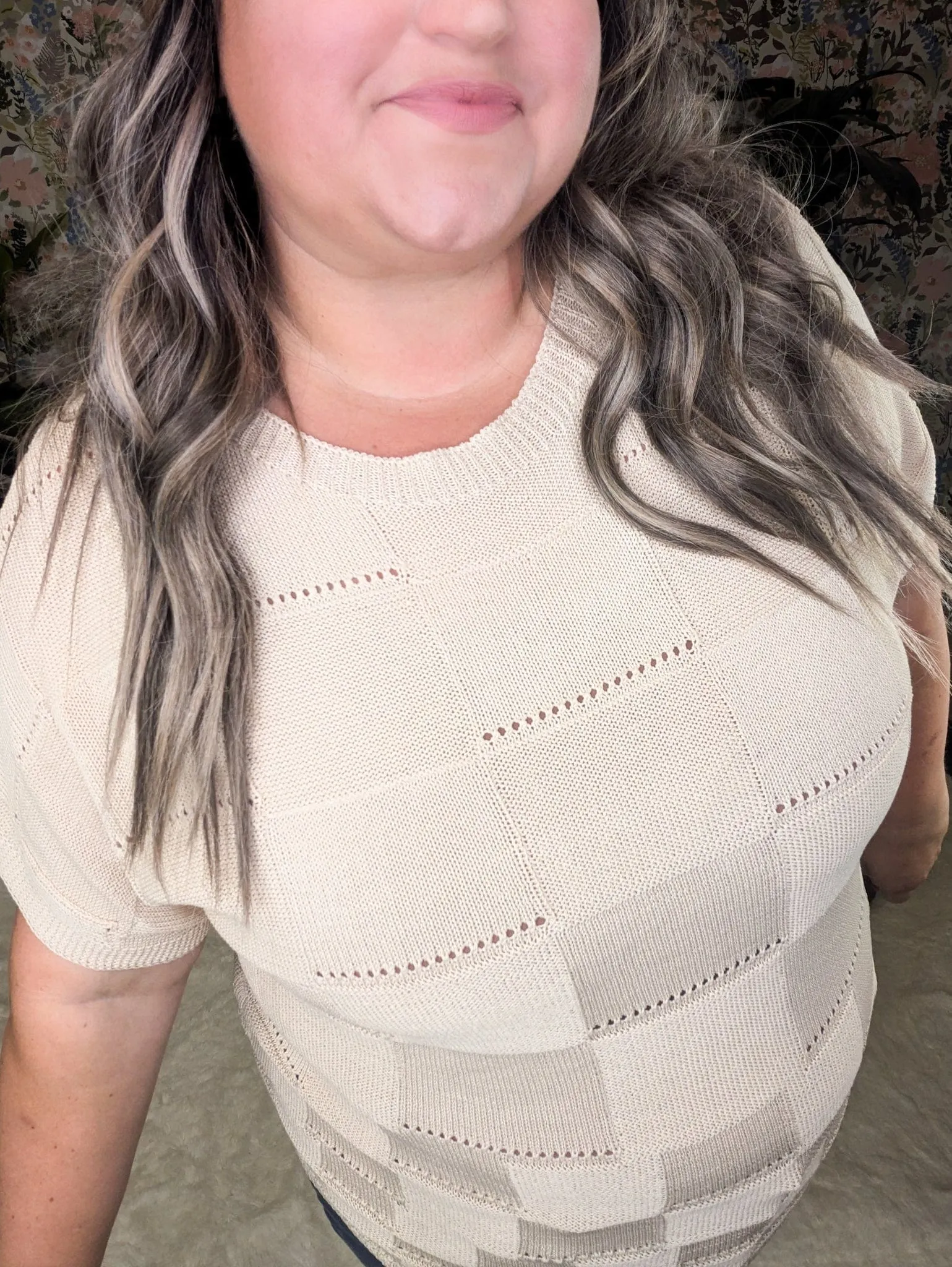 Barrett Textured Square Open Knit Short Sleeve Sweater in Beige
