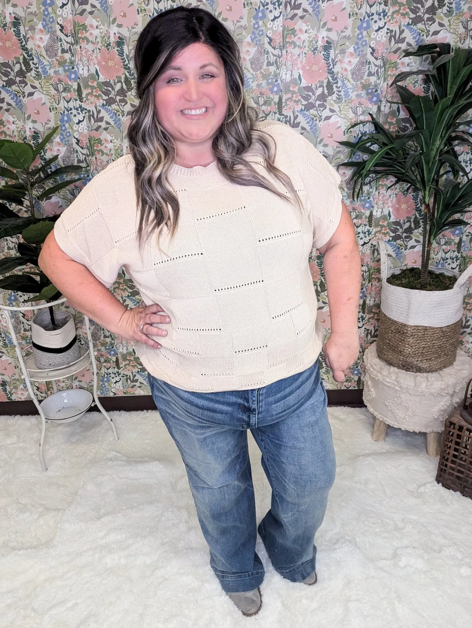 Barrett Textured Square Open Knit Short Sleeve Sweater in Beige