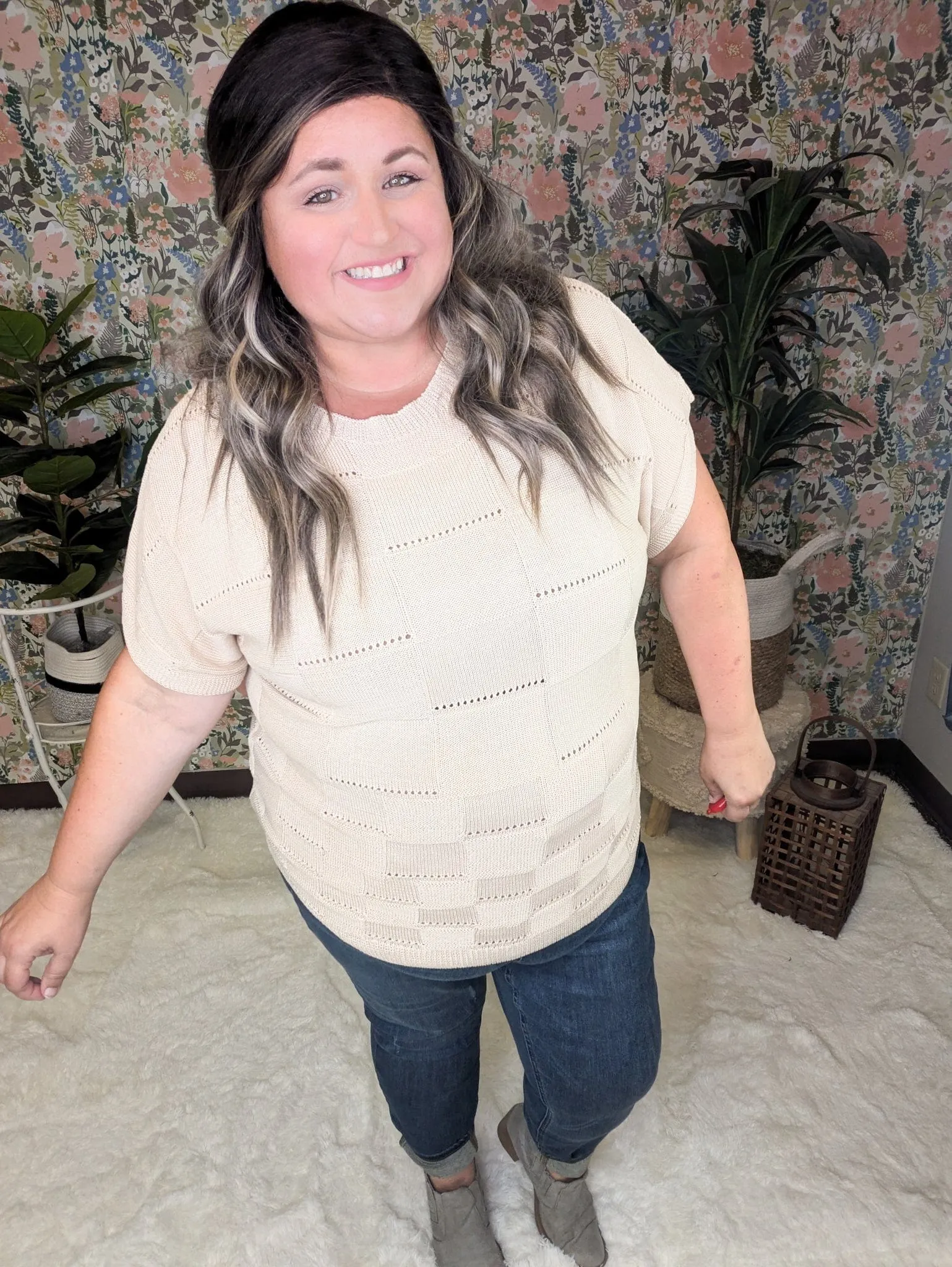 Barrett Textured Square Open Knit Short Sleeve Sweater in Beige