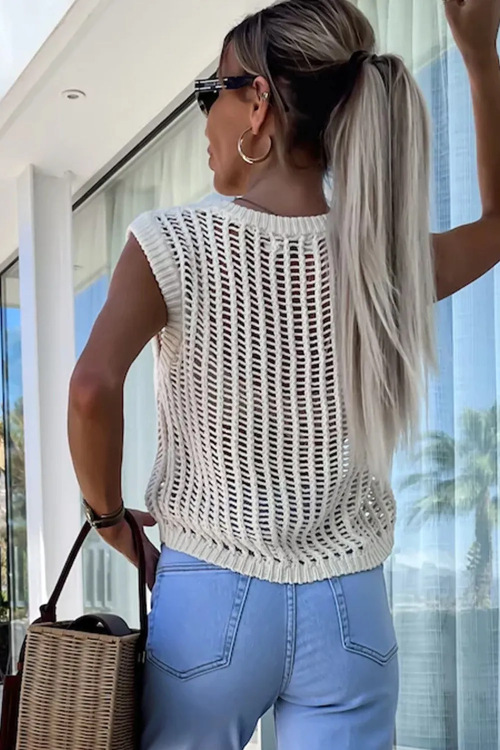 Beige Fashion Open Knit Summer Sleeveless Sweater