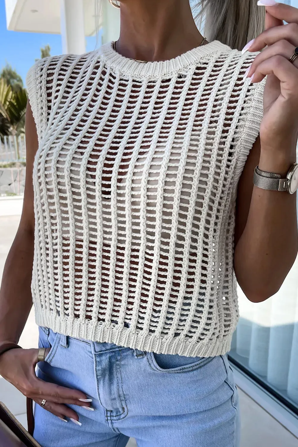 Beige Fashion Open Knit Summer Sleeveless Sweater