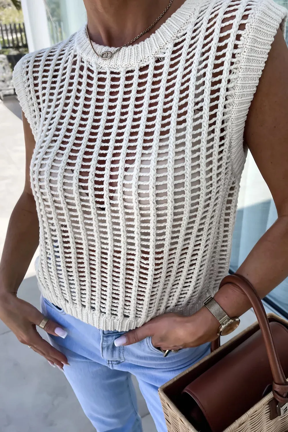 Beige Fashion Open Knit Summer Sleeveless Sweater