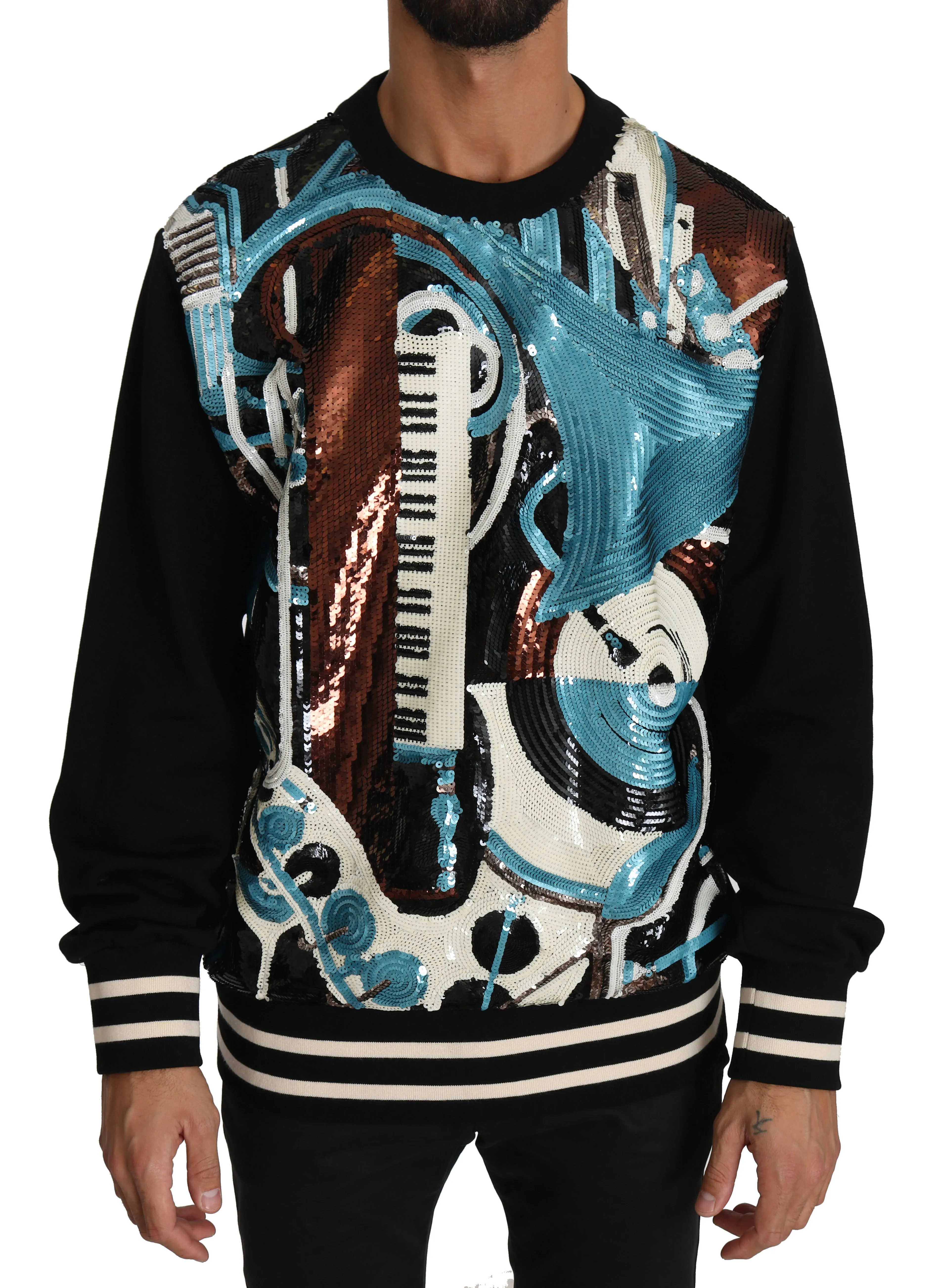 Black Blue Cotton Sequined Music Sweater