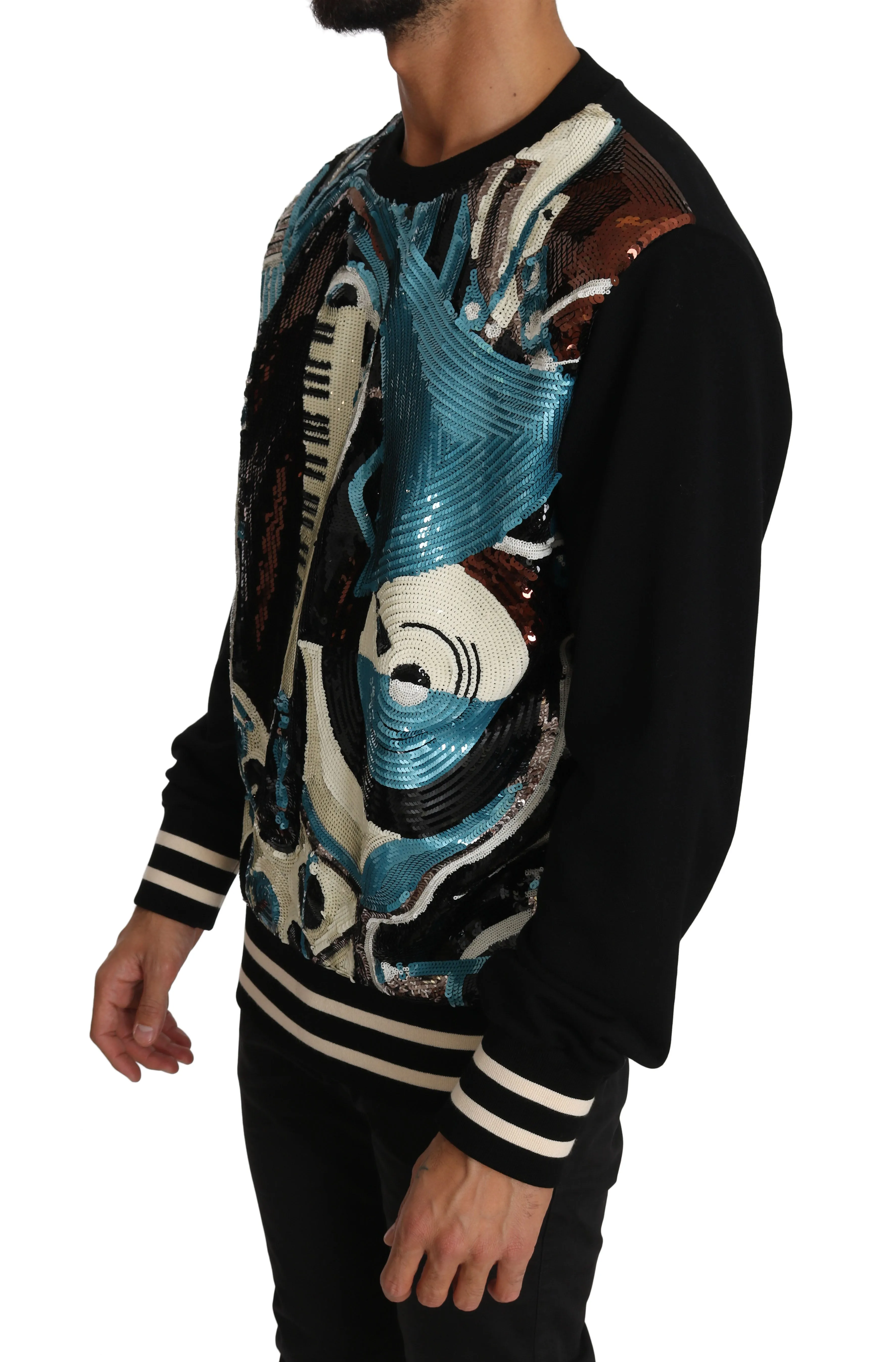Black Blue Cotton Sequined Music Sweater