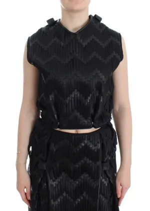 Black Checkered Nappa Leather Top Blouse