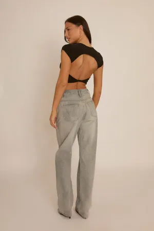 Black Slinky Open Back Crop Top - Alexandria