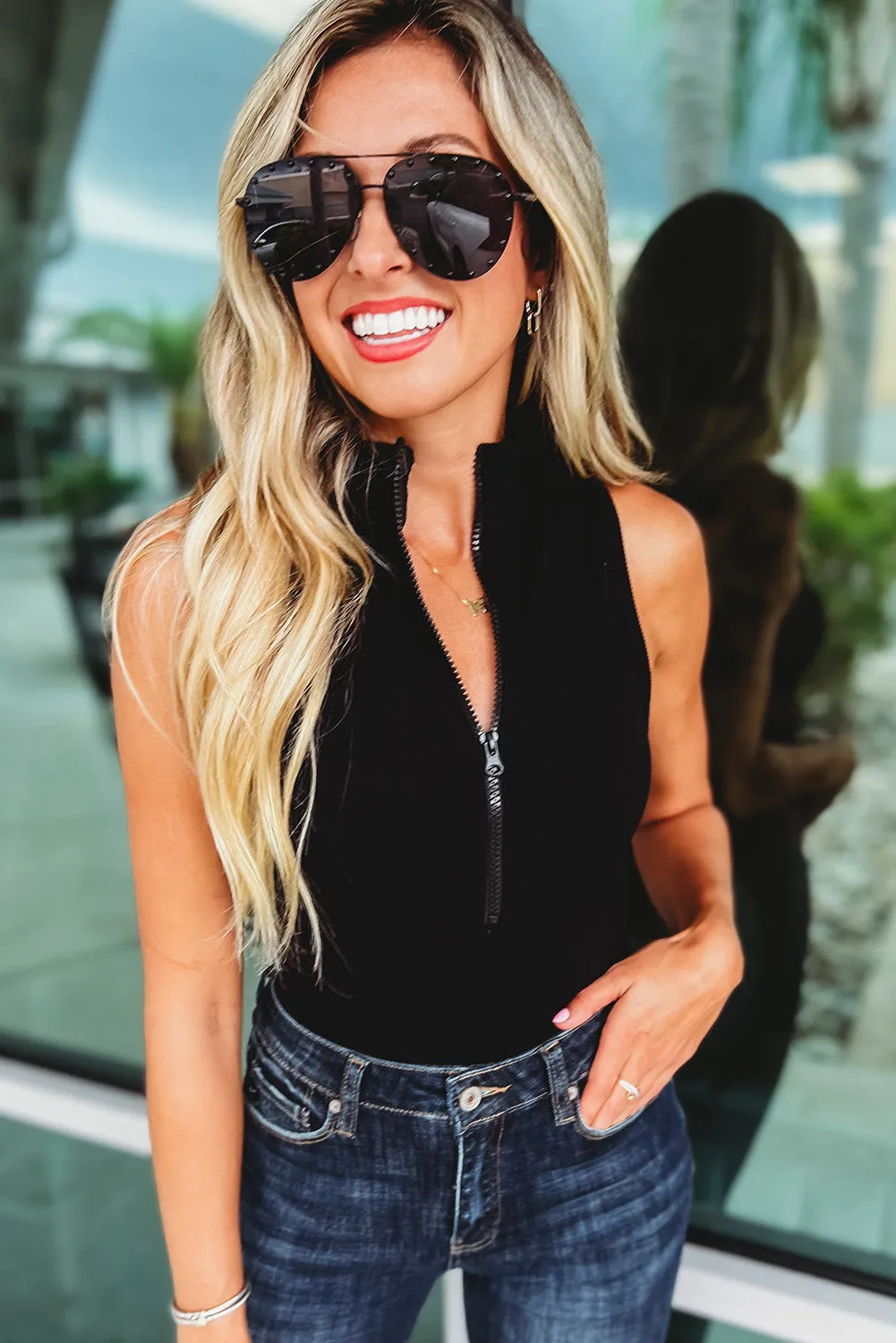 Black Zip up Mock Neck Sleeveless Bodysuit