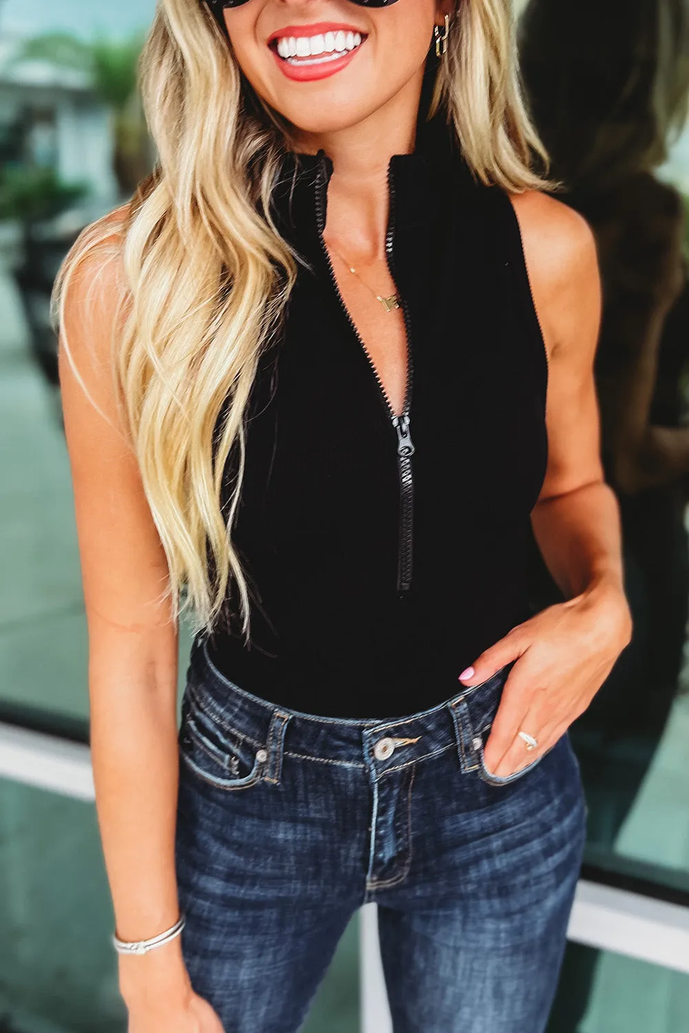 Black Zip up Mock Neck Sleeveless Bodysuit