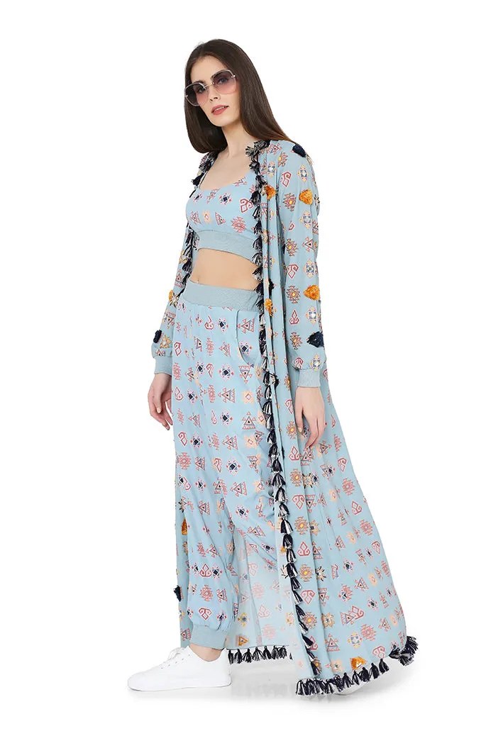 BLUE DUSTER JACKET WITH BUSTIER AND PANT
