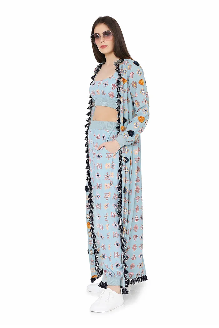 BLUE DUSTER JACKET WITH BUSTIER AND PANT