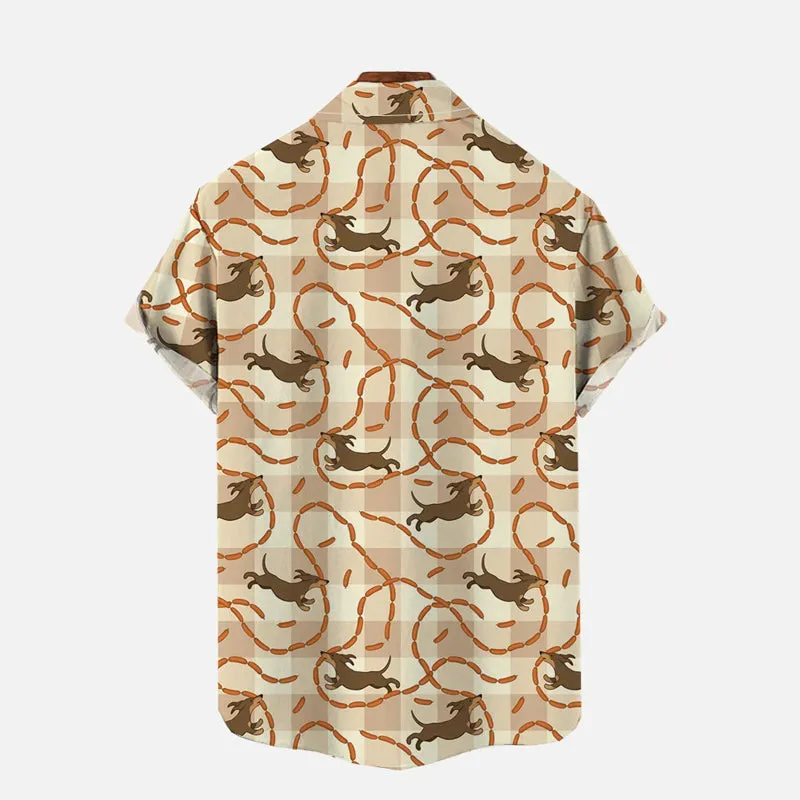 Brown Plaid Background Cartoon Dachshunds Printing Breast Pocket Short Sleeve Shirt