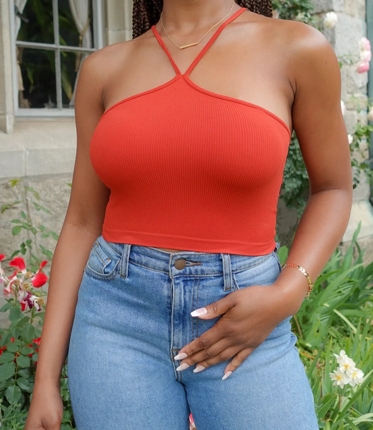 Center Split Ribbed Top(Red)