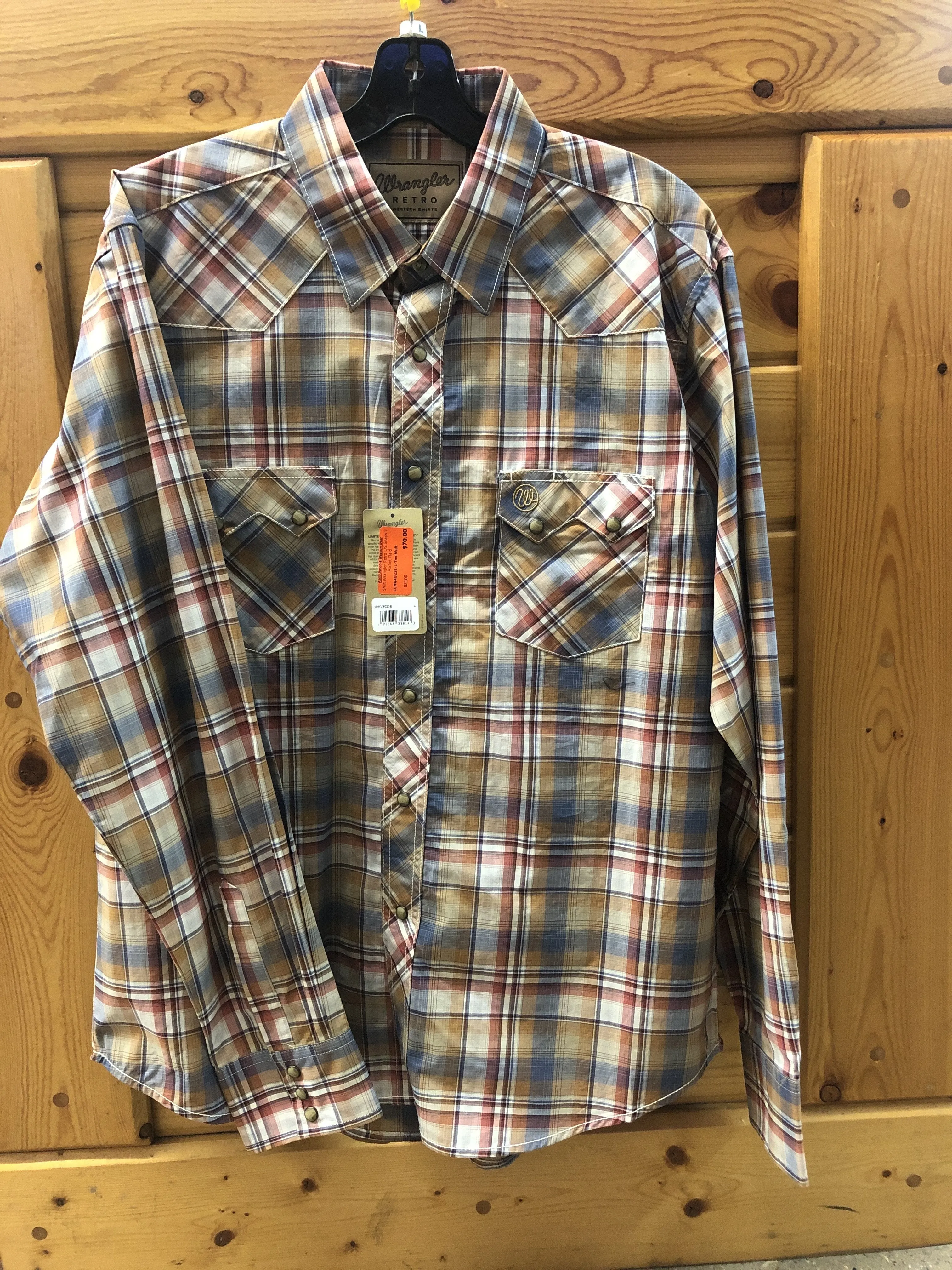 CLMV4023E-M-Tan Mult Shirt Wrangler Retro L/S Snaps 2 Pocket Plaid