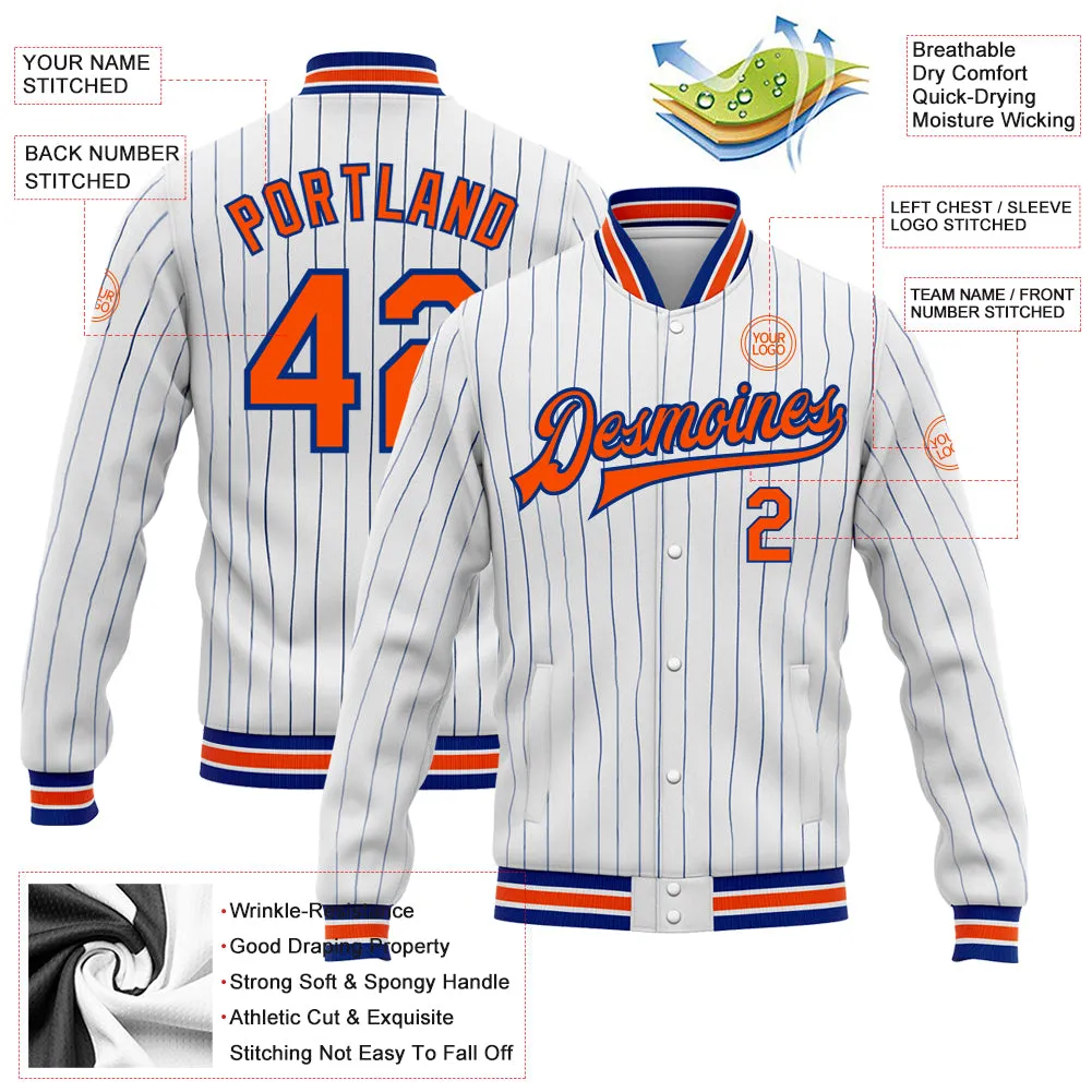 Custom White Royal Pinstripe Orange Bomber Full-Snap Varsity Letterman Jacket