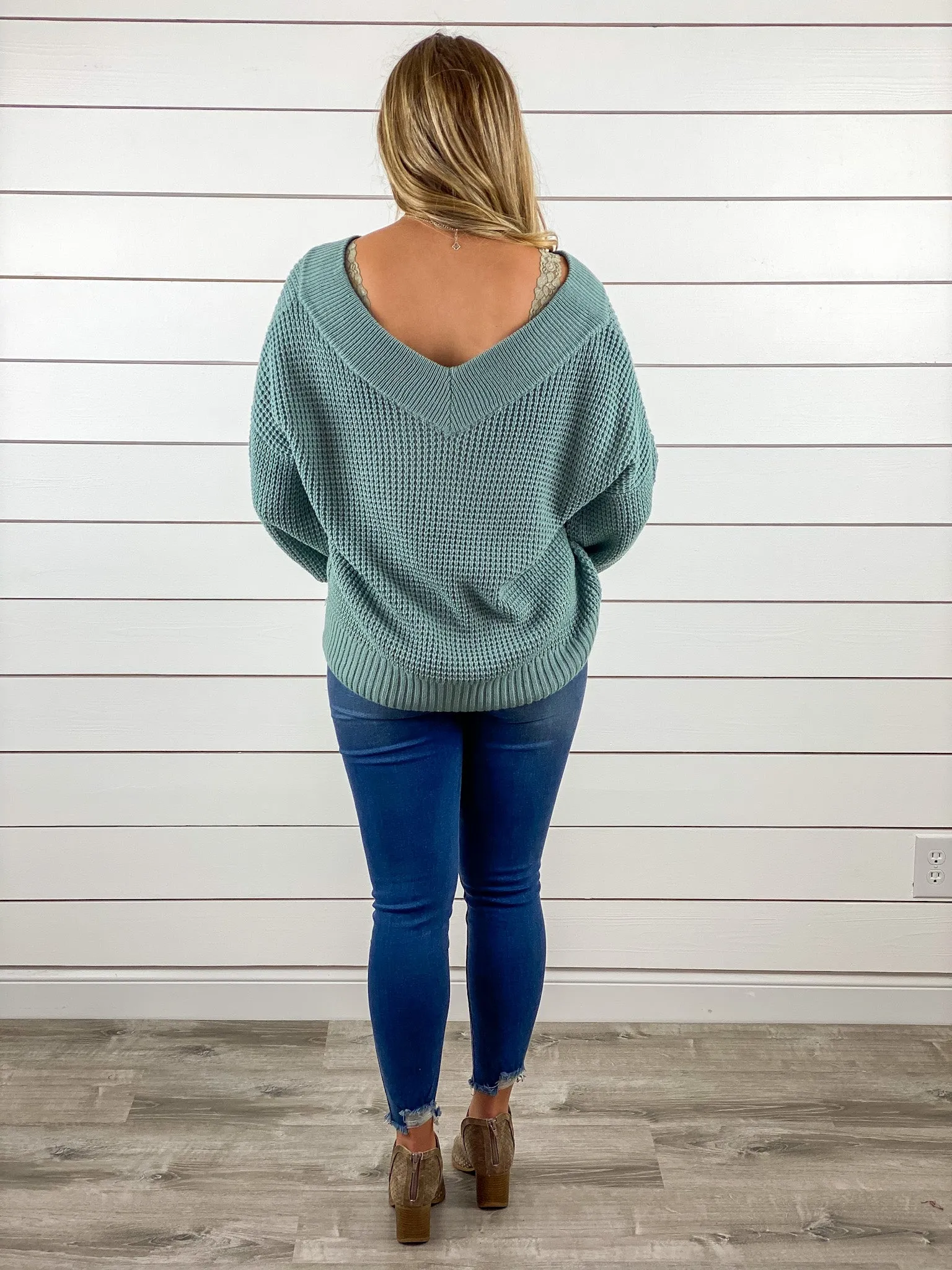 Double-V Waffle Knit Sweater - Sage