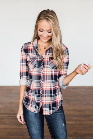 Fall Into The Night Plaid Button Top- Navy, Coral, Tan