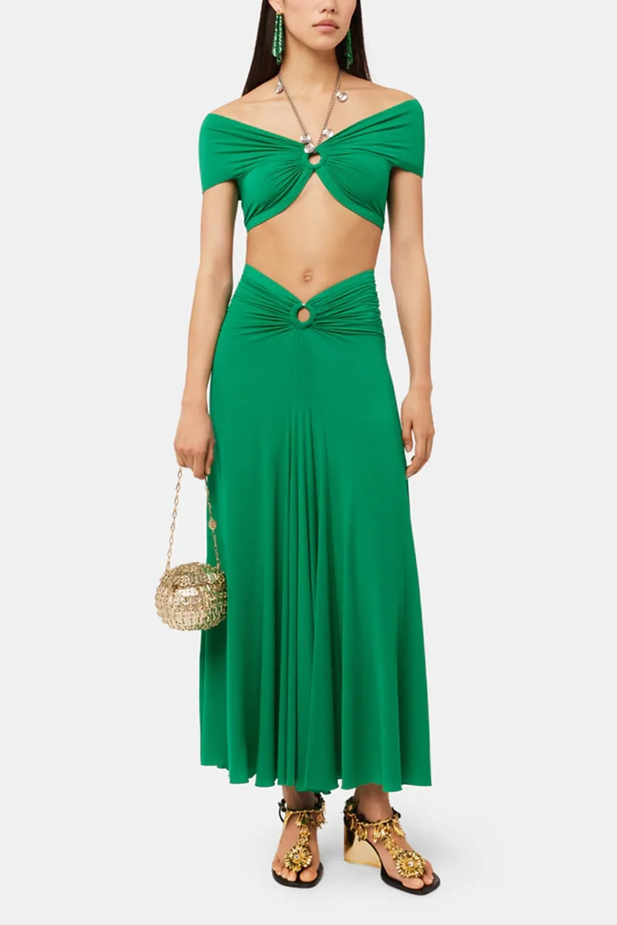 Gathered Jersey Crop Chain Bra in Emerald