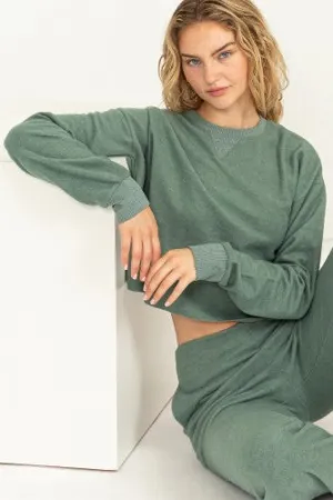 Green Hacci Brushed Crew Pullover Crop