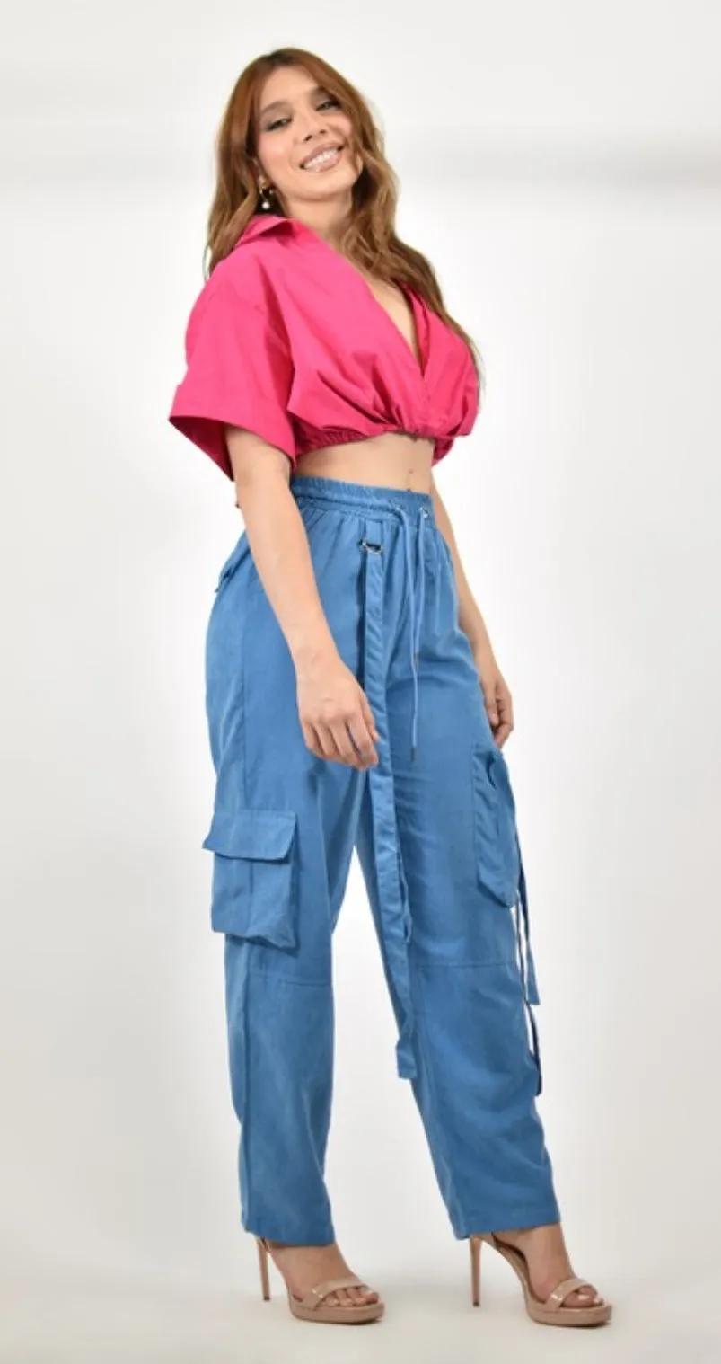 HIGH-RISE ELASTIC WAIST BAGGY CARGO PANTS