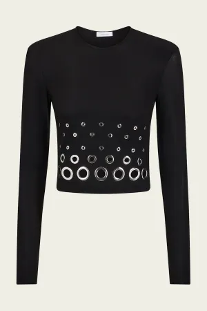 Long-Sleeve Eyelet Crop Top in Black