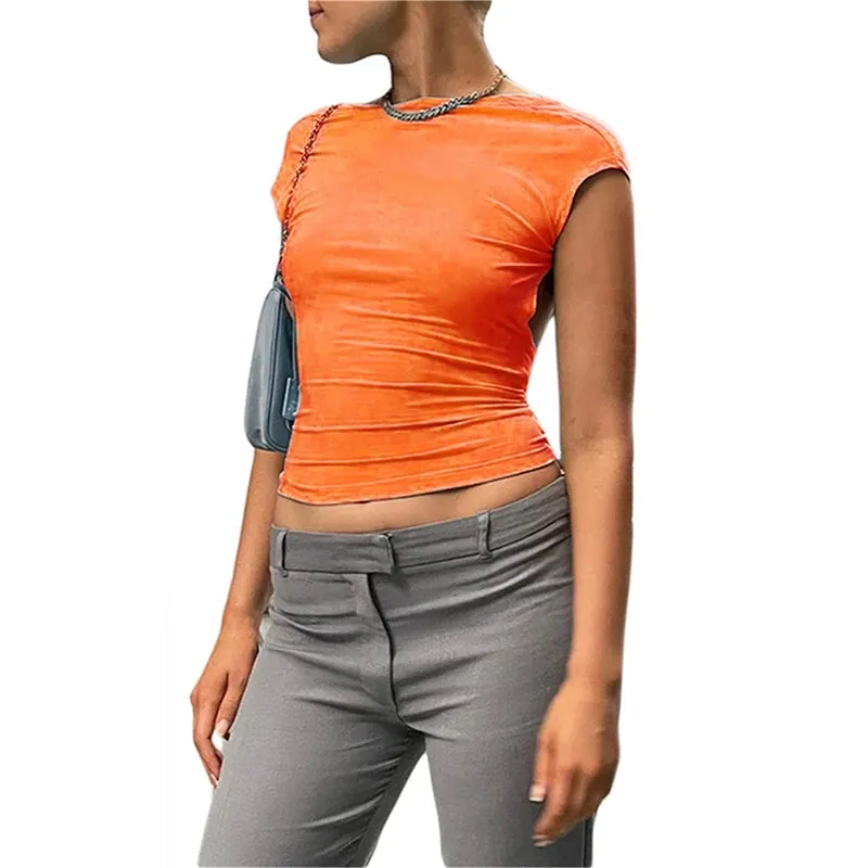 Maemukilabe Multi Ways Wear Sexy Low Cut Backless Crop Tops Women Summer Skinny Short Sleeve Basic Tee Retro Slim Fit T Shirt