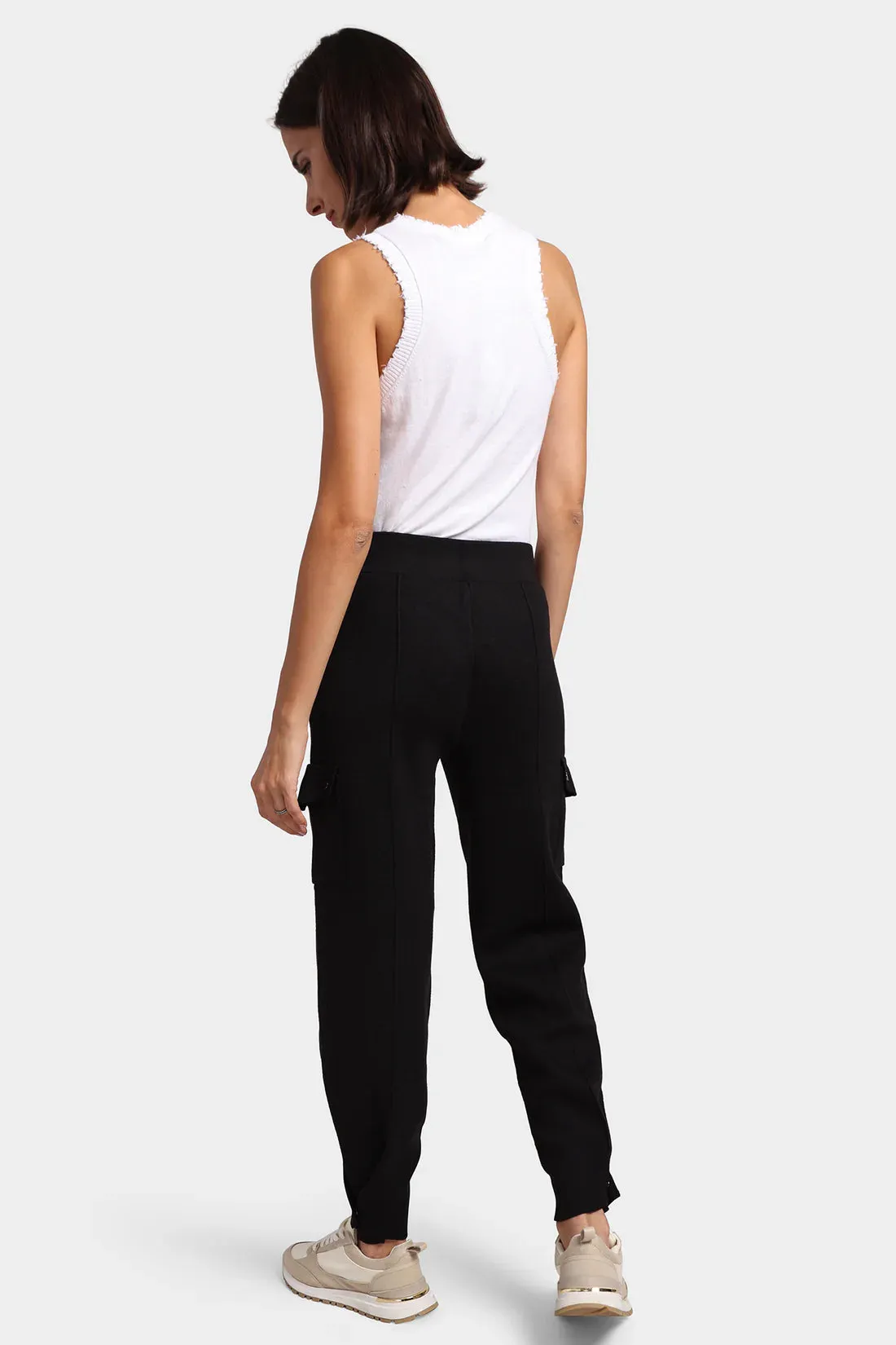 MINNIE ROSE-Cotton Blend Pleated Snap Leg Cargo Pant Black