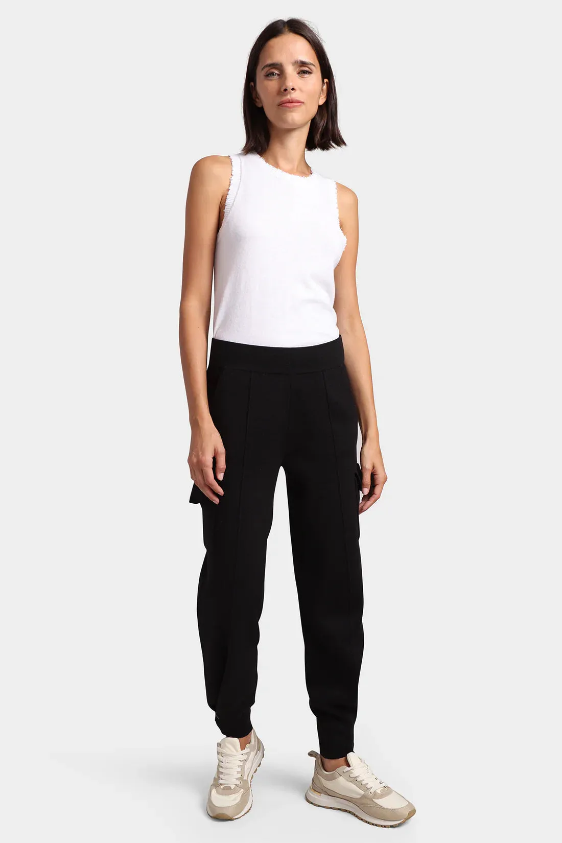 MINNIE ROSE-Cotton Blend Pleated Snap Leg Cargo Pant Black