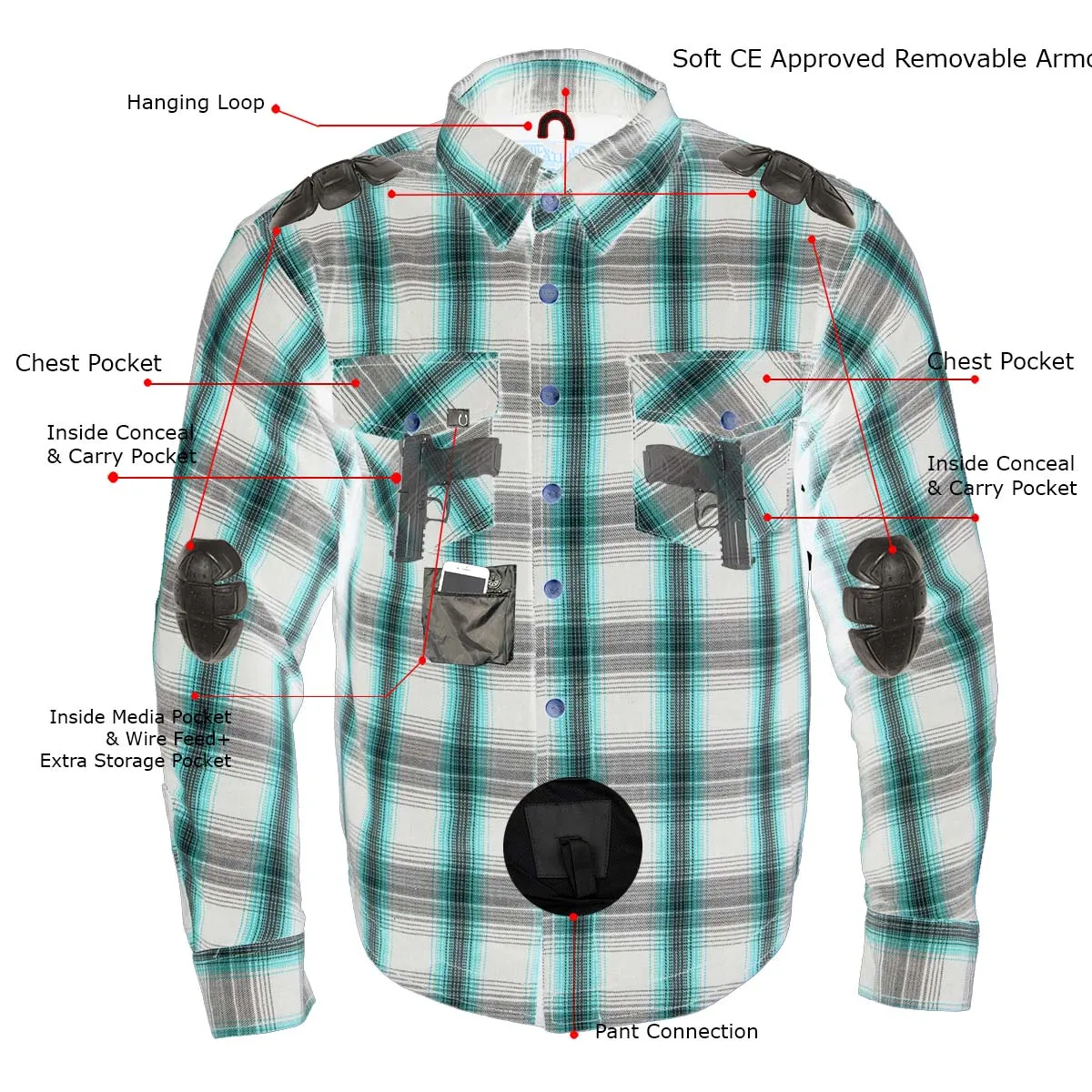 MPM1622 Men's Black Flannel Biker Shirt with CE Approved Armor - Reinforced w/ Aramid Fibers