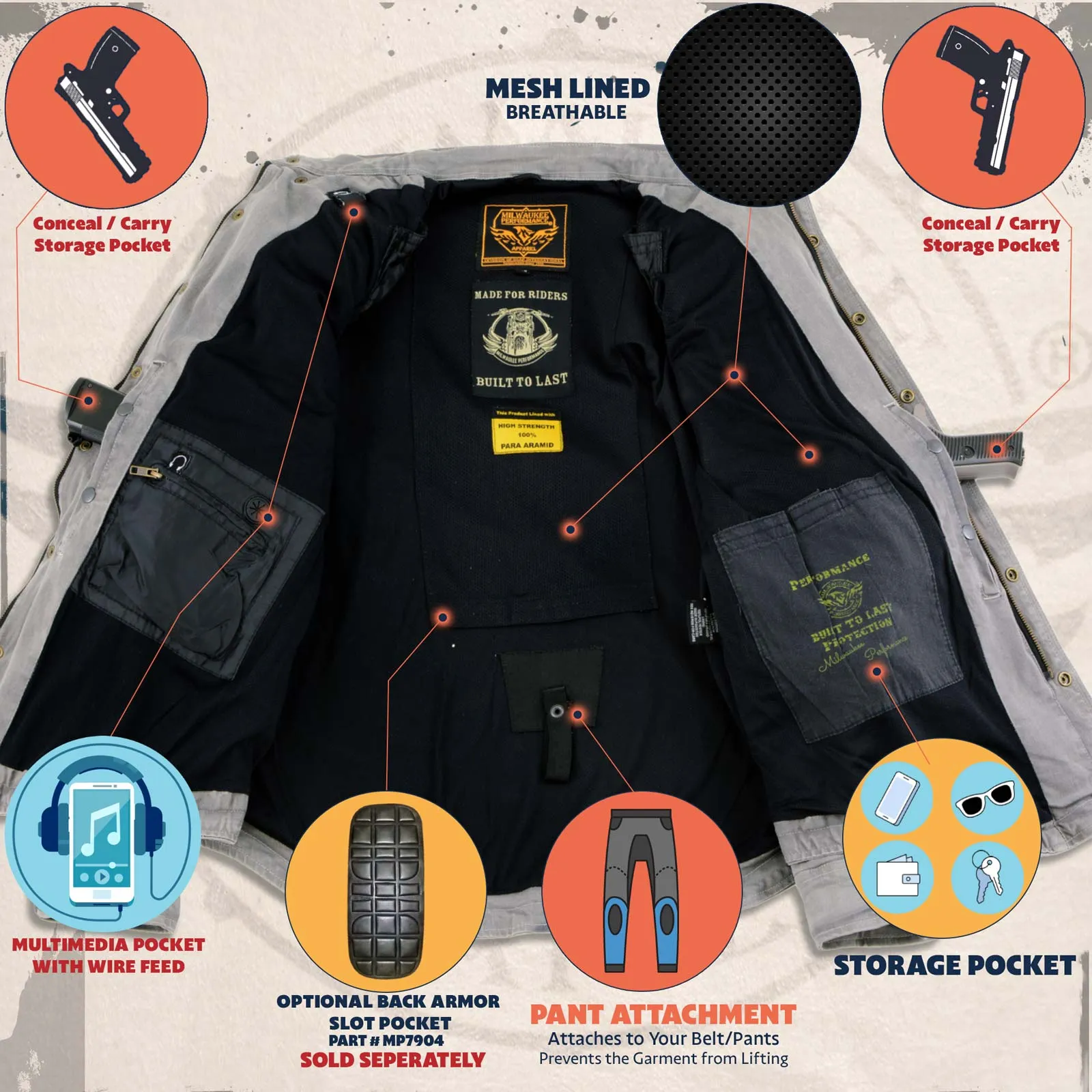 MPM1622 Men's Black Flannel Biker Shirt with CE Approved Armor - Reinforced w/ Aramid Fibers