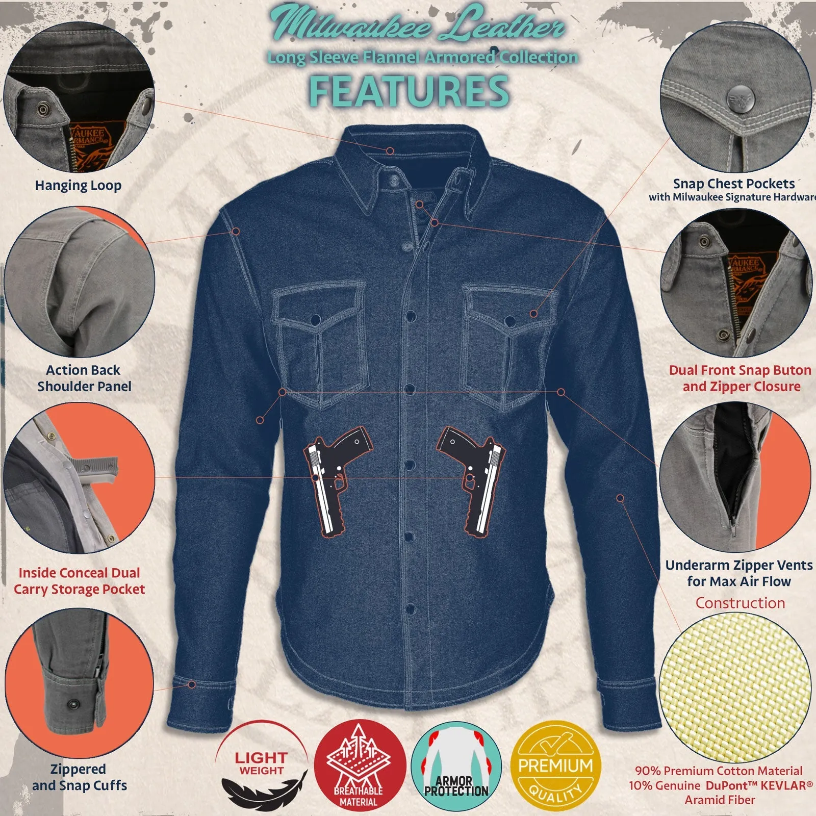 MPM1622 Men's Black Flannel Biker Shirt with CE Approved Armor - Reinforced w/ Aramid Fibers