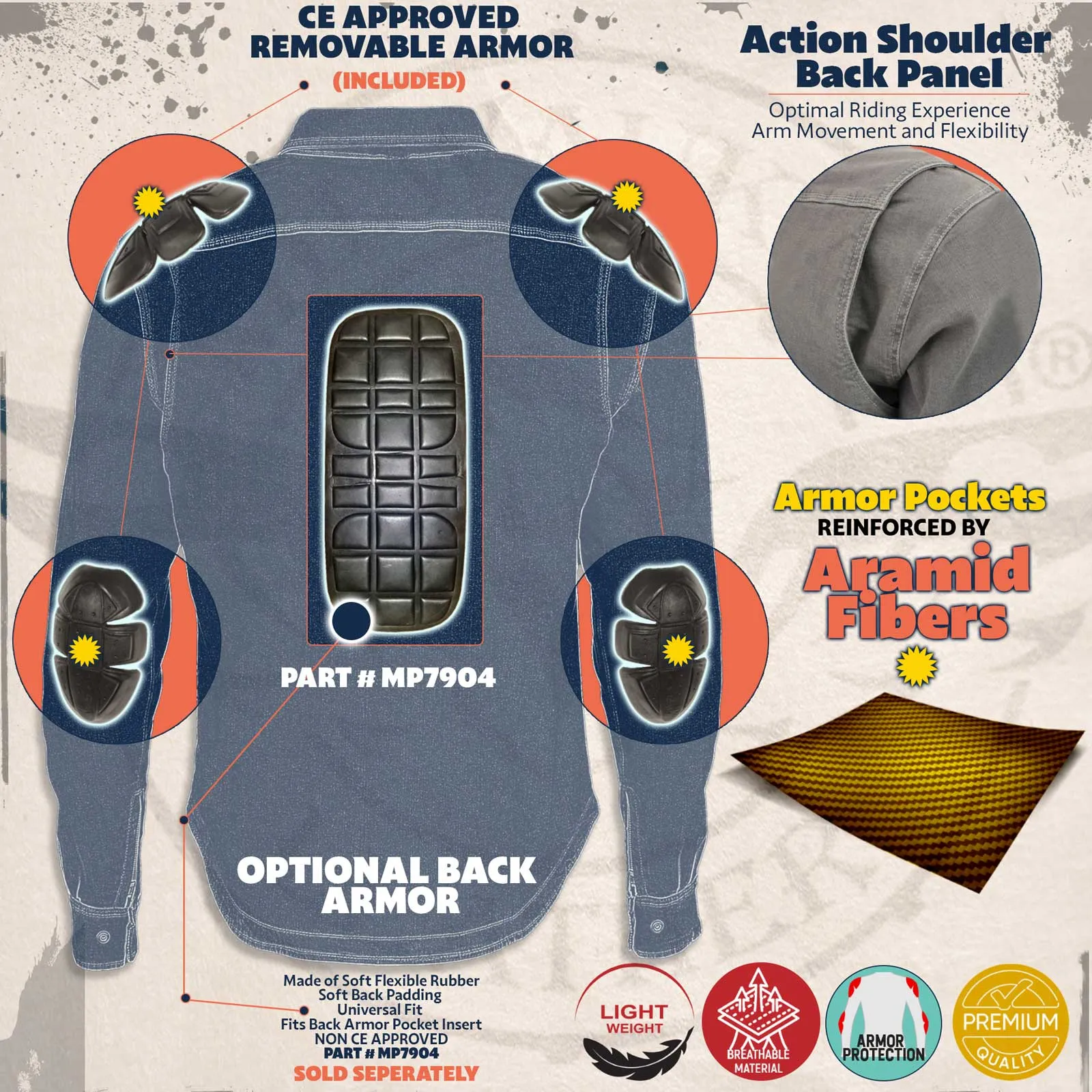 MPM1622 Men's Black Flannel Biker Shirt with CE Approved Armor - Reinforced w/ Aramid Fibers