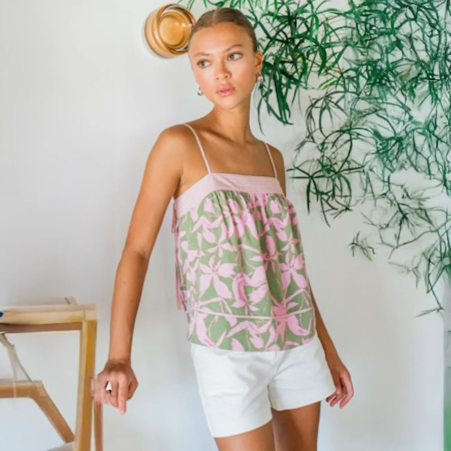 Naeli Print Sleeveless Top with Contrast Detail