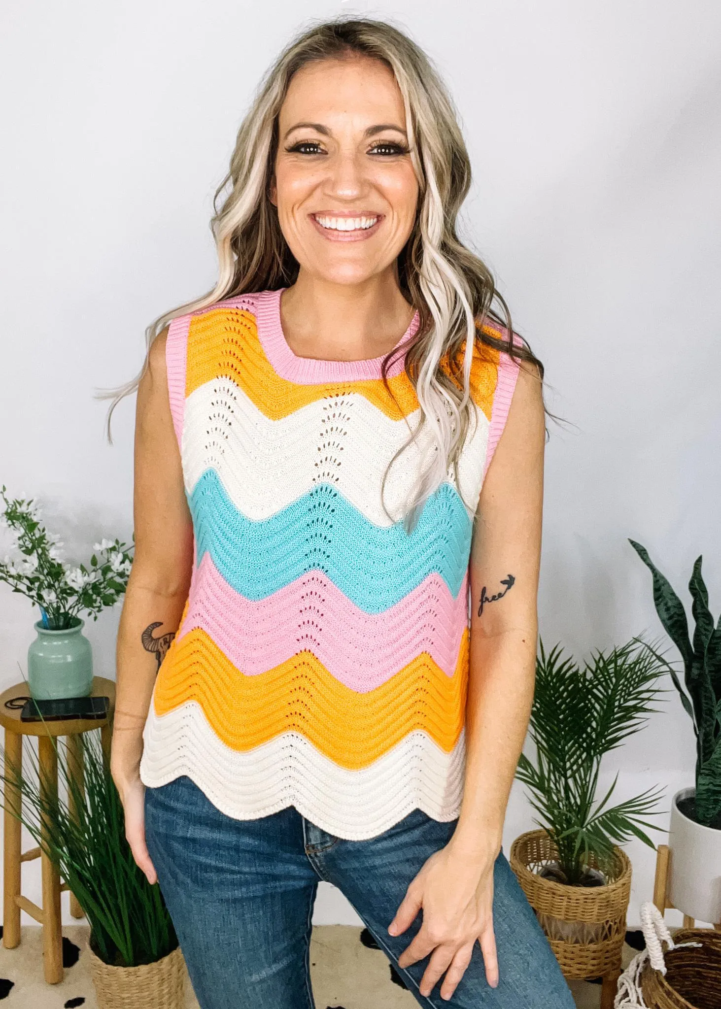 Pink Combo Wavy Stripe Knit Tank