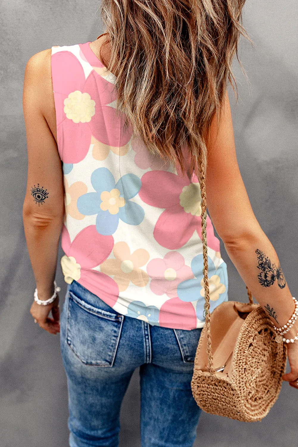 Pink Floral Print Round Neck Sleeveless Top