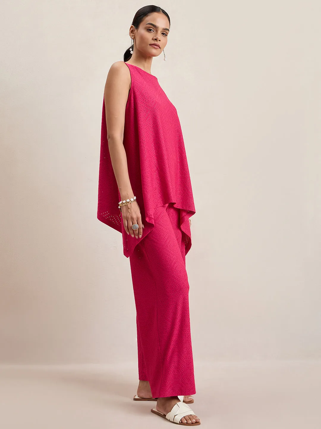 Pink Knitted Schiffli Sleeveless Top
