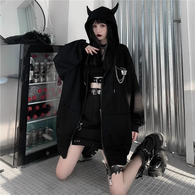 "BLACK DEVIL HORN ZIP" HOODIE N042201