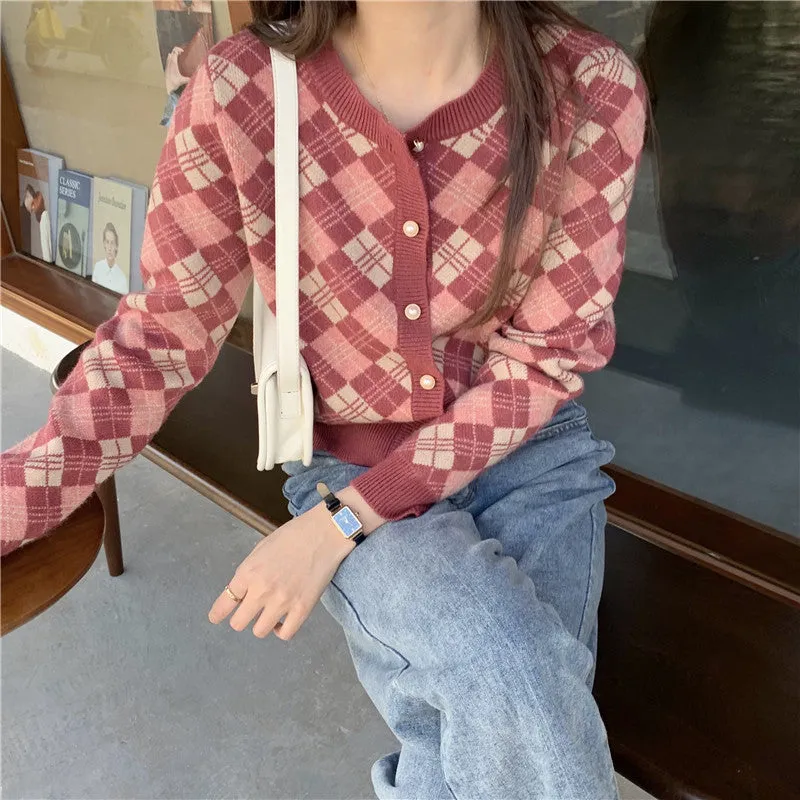 "VINTAGE DIAMOND CHECK KNITTED" CARDIGAN N031605