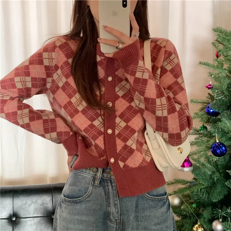 "VINTAGE DIAMOND CHECK KNITTED" CARDIGAN N031605