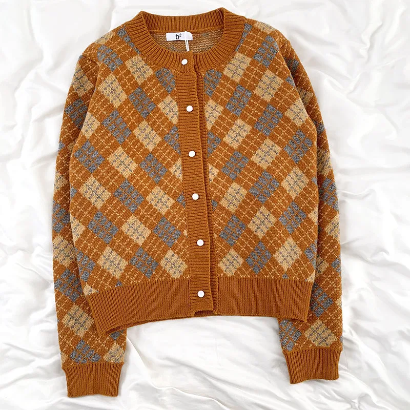 "VINTAGE DIAMOND CHECK KNITTED" CARDIGAN N031605