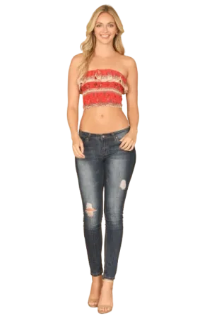 Red Floral Ruffle Tube Smocked Crop Top - Pack of 5