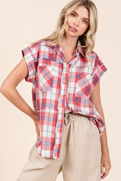 Red Mineral Wash Plaid Button Down Shirt