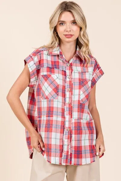Red Mineral Wash Plaid Button Down Shirt