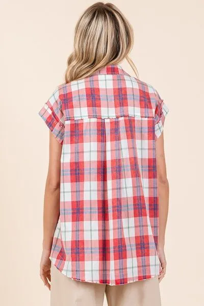 Red Mineral Wash Plaid Button Down Shirt