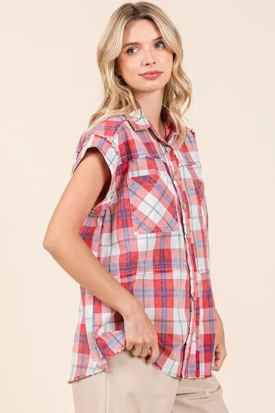 Red Mineral Wash Plaid Button Down Shirt