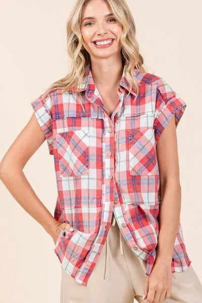 Red Mineral Wash Plaid Button Down Shirt