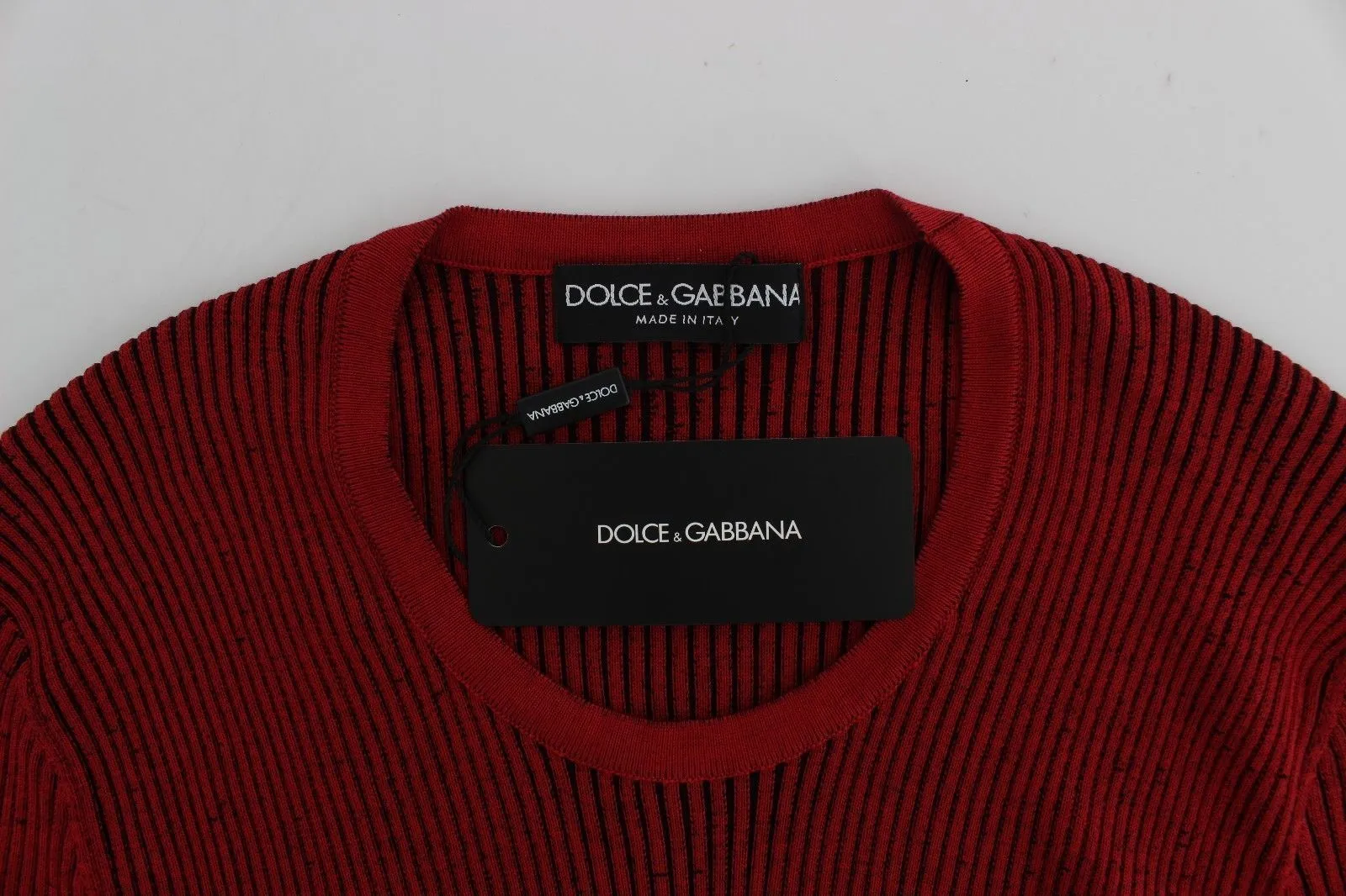 Red Silk Crewneck Ribbed Sweater